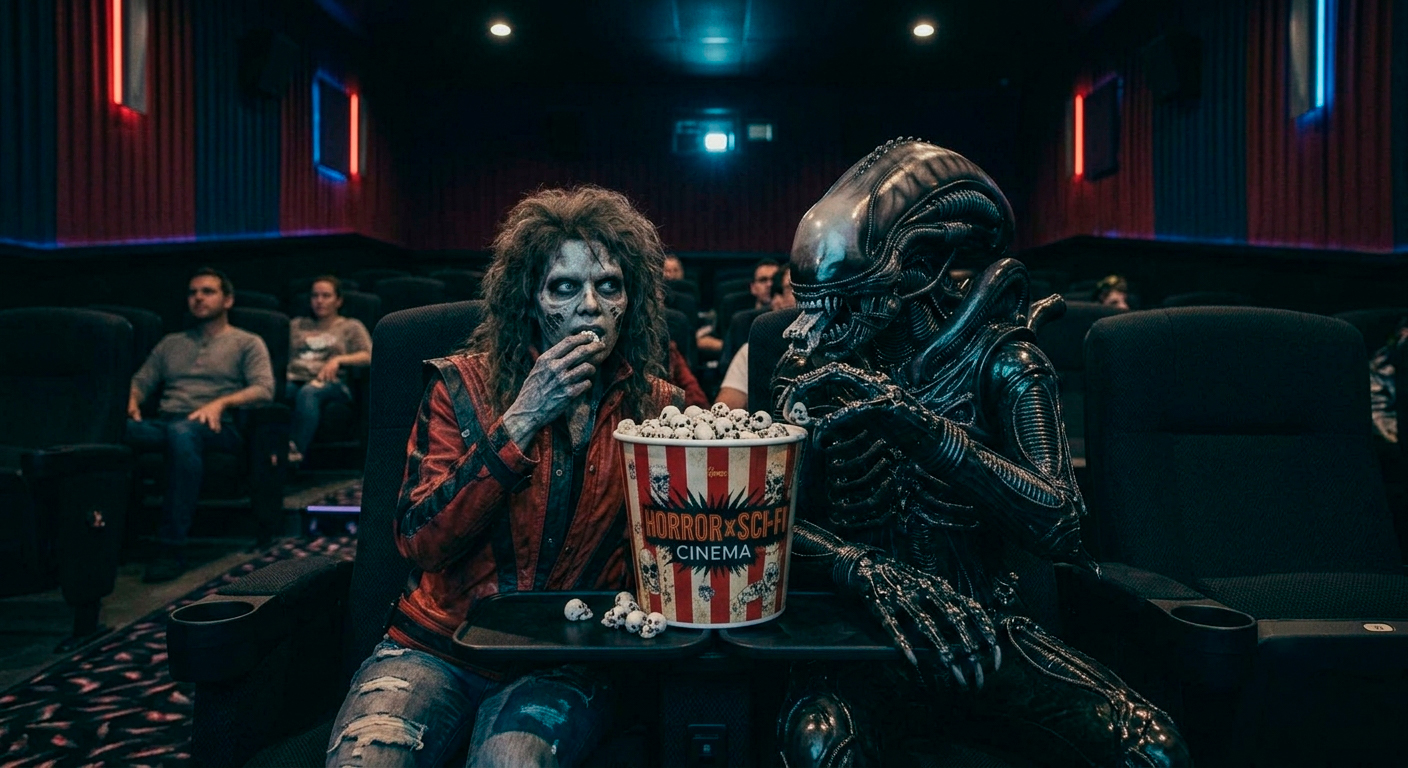 HORRORxSCIFI.COM zombie & alien enjoying skull popcorn